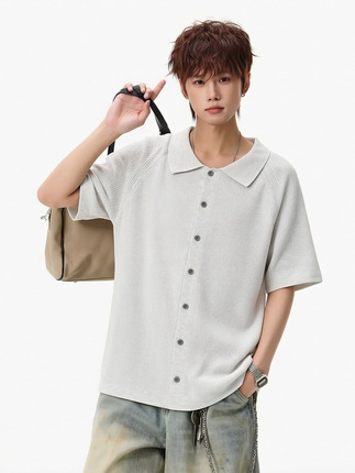 Old Money Style Textured Knit Lapel Shirt for Men, Short-Sleeved, Summer Loose Button-Up Cardigan, Half-Sleeve Shirt with a High-End Feel