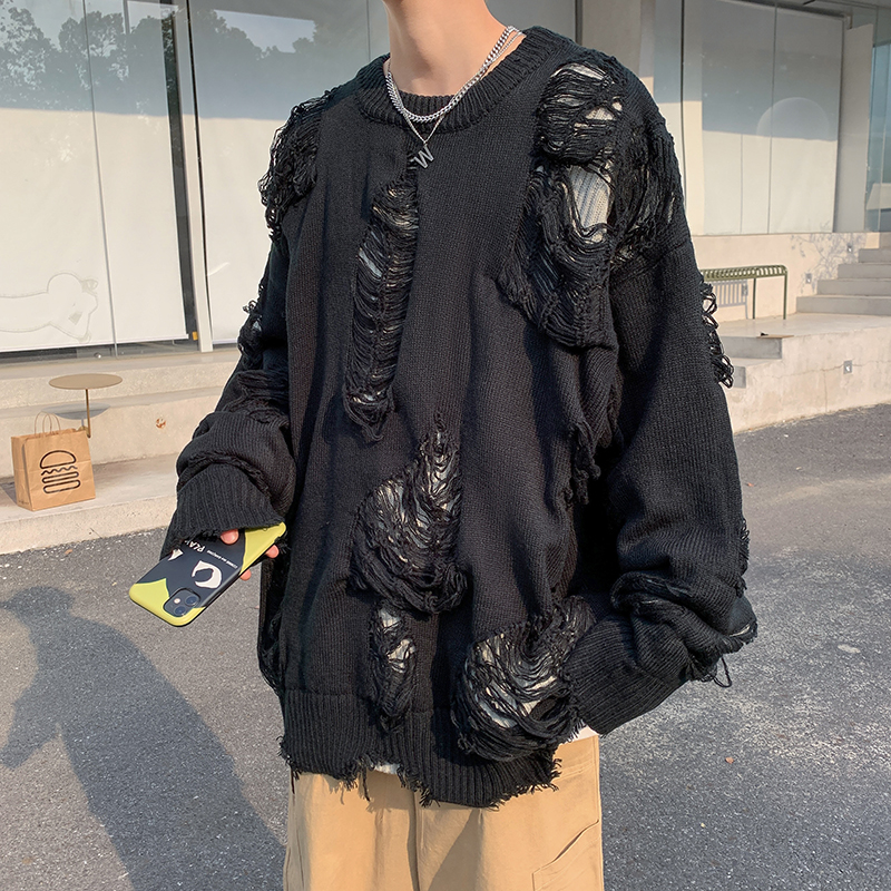 假两件不规则破洞针织衫毛衣