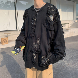 日系复古假两件不规则破洞针织衫 毛衣男女宽松潮流百搭外穿毛线衣