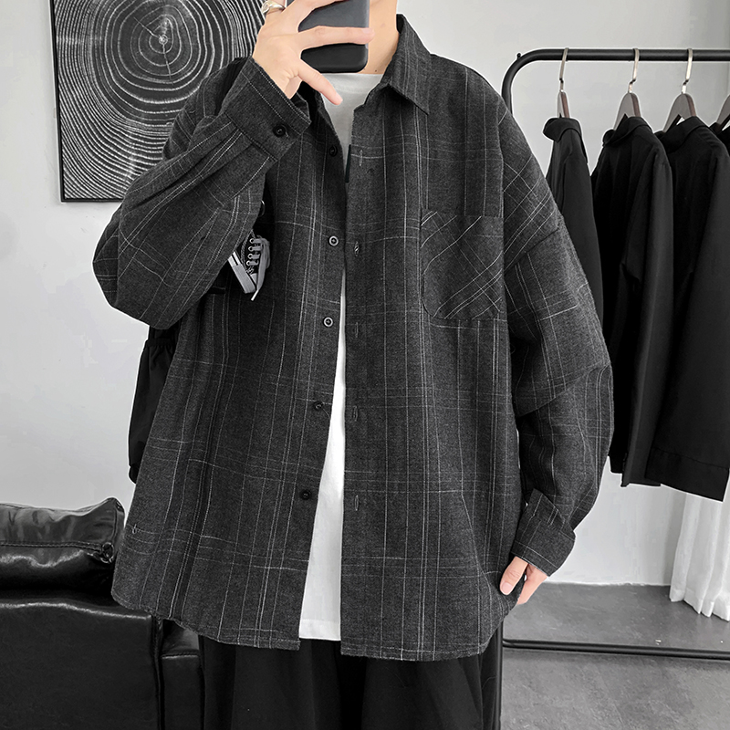 春秋季韩版潮流复古痞帅格子衬衫