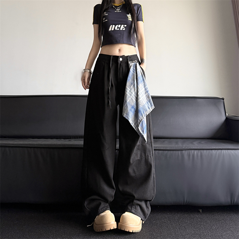 美式黑色弯刀牛仔裤男女别致拉链可拆方巾设计垂感镰刀宽松阔腿裤