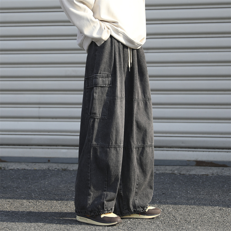 复古松紧腰工装水洗牛仔裤男士春夏oversize宽松直筒阔腿休闲长裤