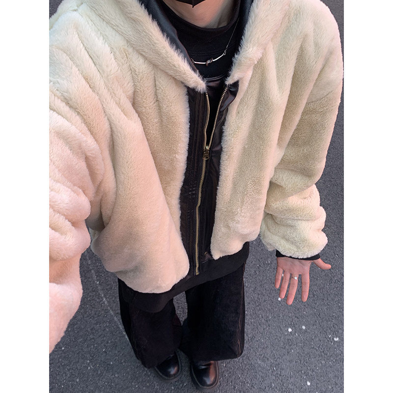 皮毛一体羊羔绒外套男款加厚冬装双面穿棉服cleanfit皮衣夹克连帽