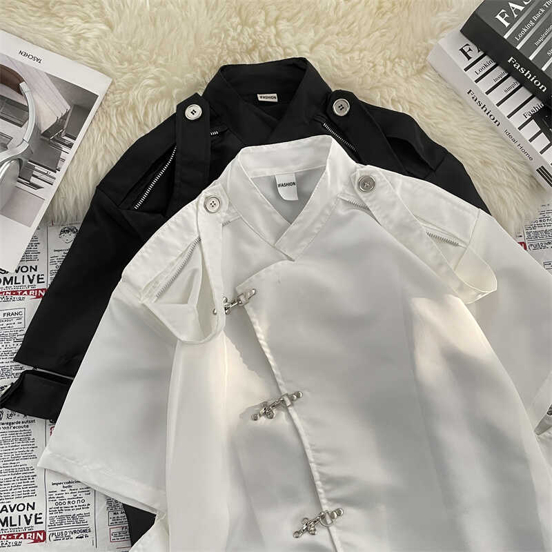 白色垫肩短袖衬衫男款夏季设计感飞机扣痞帅冰丝衬衣薄款半袖外套