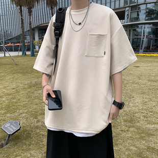 春季 口袋圆领上衣 日系ins潮圆领鹿皮绒短袖 T恤男女青春流行打底衫