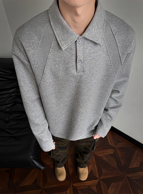 灰色解构拼接复古长袖体恤男款秋冬季潮牌高级感翻领体恤POLO卫衣