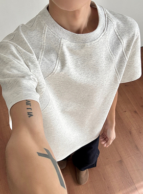 白花灰色小领口短袖t恤男款夏季美式重磅硬挺上衣内搭半袖体恤衫