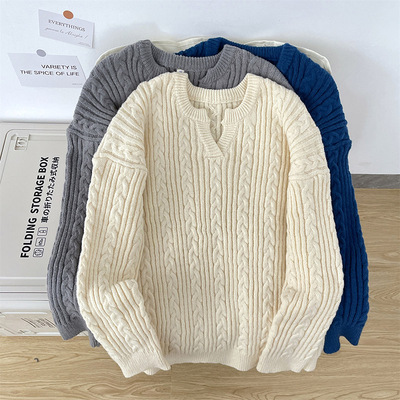 老钱风麻花纹杏色毛衣男款高级感亨利领针织衫外套松弛感V领线衣