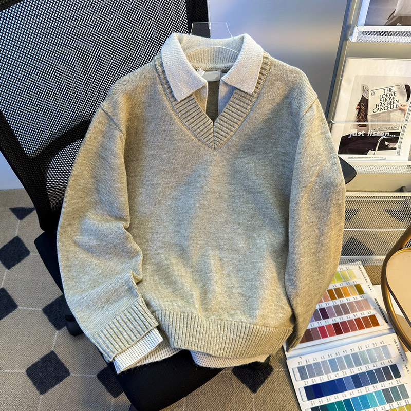 假两件拼接v领毛衣男女冬季韩系翻领Polo衫高级氛围感保暖针织衫