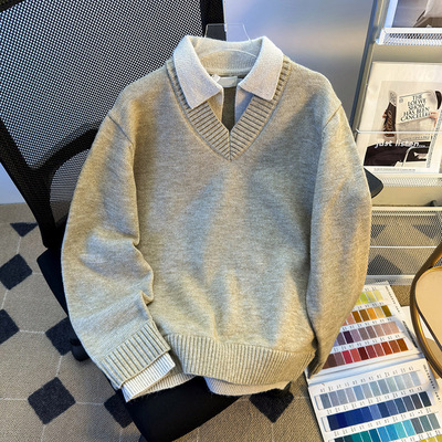 假两件拼接v领毛衣男女冬季韩系翻领Polo衫高级氛围感保暖针织衫