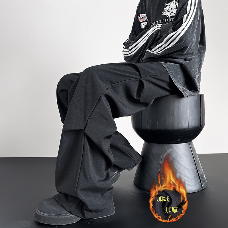 美式小众褶皱伞兵西装裤男女宽松休闲微喇高级感加绒加厚黑色西裤