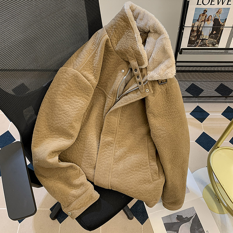 冬季保暖加绒外套棉服男女潮设计感防寒服羊羔绒宽松夹克棉袄翻领