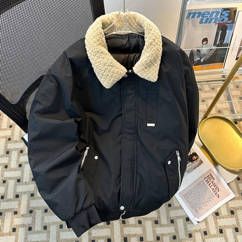 日系纯色工装棉服男女冬季宽松ins潮流拼接羊羔毛领棉衣休闲外套