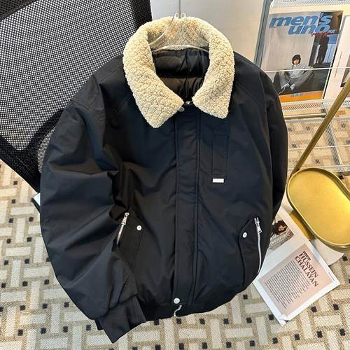 日系纯色工装棉服男女冬季宽松ins潮流拼接羊羔毛领棉衣休闲外套