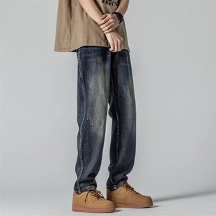 日系休闲痞帅休闲裤 美式 潮牌高街宽松百搭直筒裤 男士 子 复古牛仔裤
