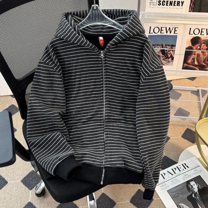 黑色绒感连帽撞色条纹外套男女秋冬高街拉链开衫cleanfit帽衫卫衣