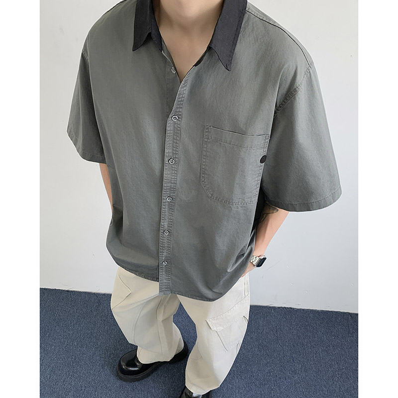 美式撞色翻领短袖衬衫男女bf简约撞色宽松休闲衬衣五分袖ins潮流