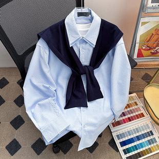 ins潮衬衣情侣款 条纹褶皱设计感宽松长袖 男女时尚 假两件披肩衬衫