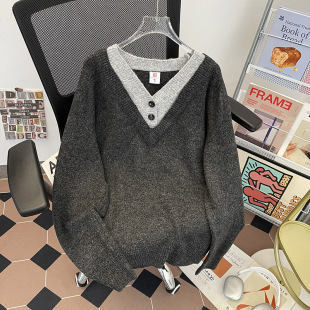 深灰色老钱风假两件V领针织衫 毛线衣潮 毛衣男生cleanfit套头长袖