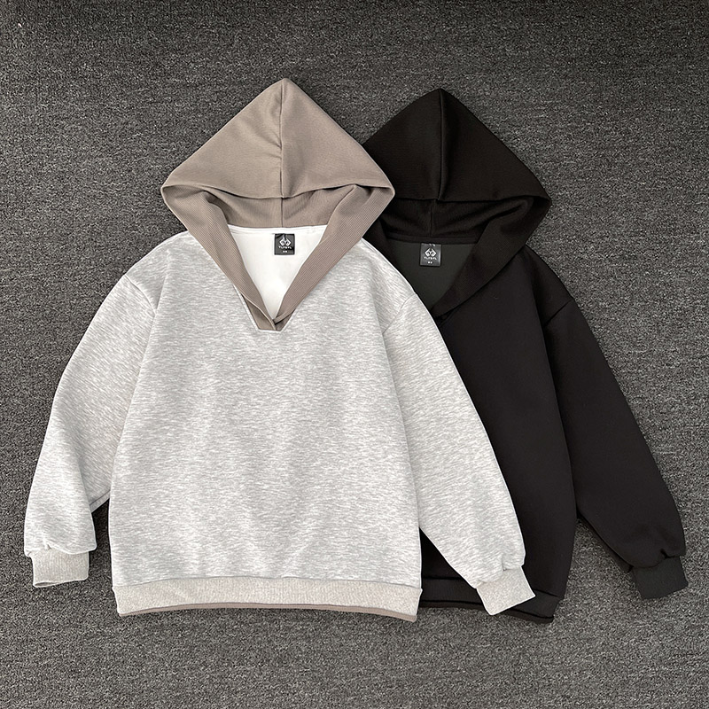 灰色拼接撞色V领毛衣男女款秋冬针织连帽卫衣设计感美式长袖上衣