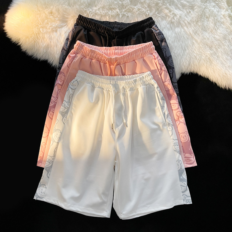 夏季拼接小熊拉杆印花运动短裤男生宽松抽绳直筒五分中裤阔腿薄款