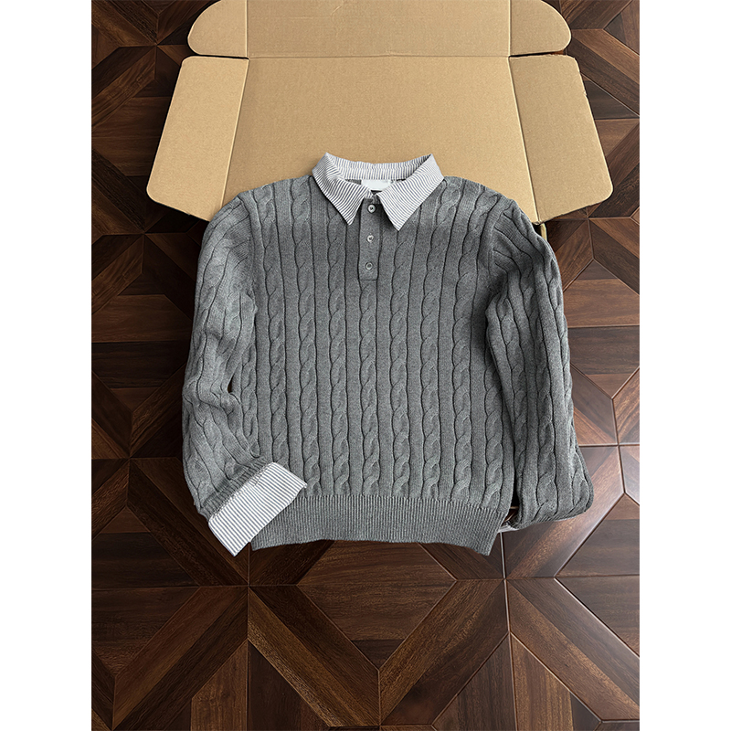 老钱风假两件条纹衬衫领叠穿毛衣男生秋冬款灰色麻花编织针织毛衫