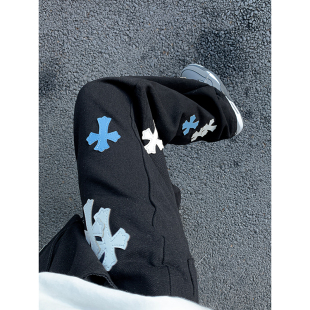 阔腿直筒 宽松黑色长裤 重磅vibe十字架贴皮水洗做旧牛仔裤 男女美式