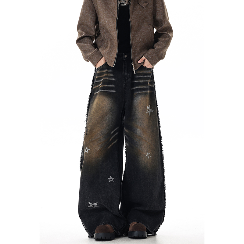 复古废土风猫须牛仔裤男款微喇做旧美式宽松水洗毛边星星阔腿长裤