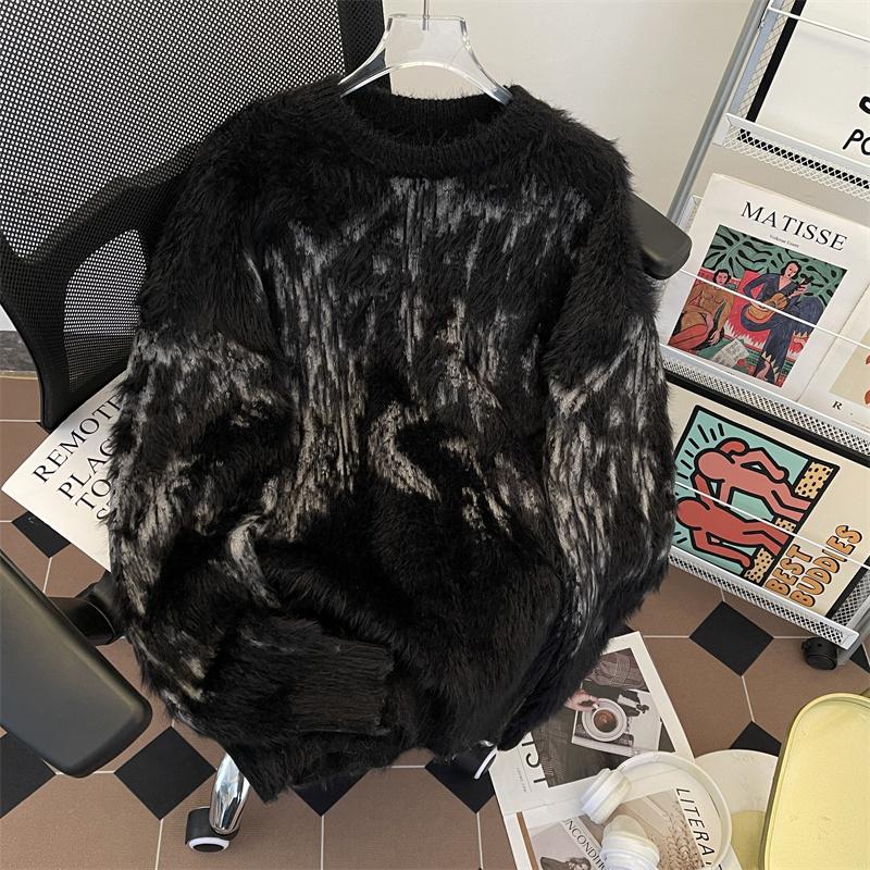 复古扎染水貂绒毛衣男女冬装高级感内搭保暖软糯毛茸茸针织衫外套