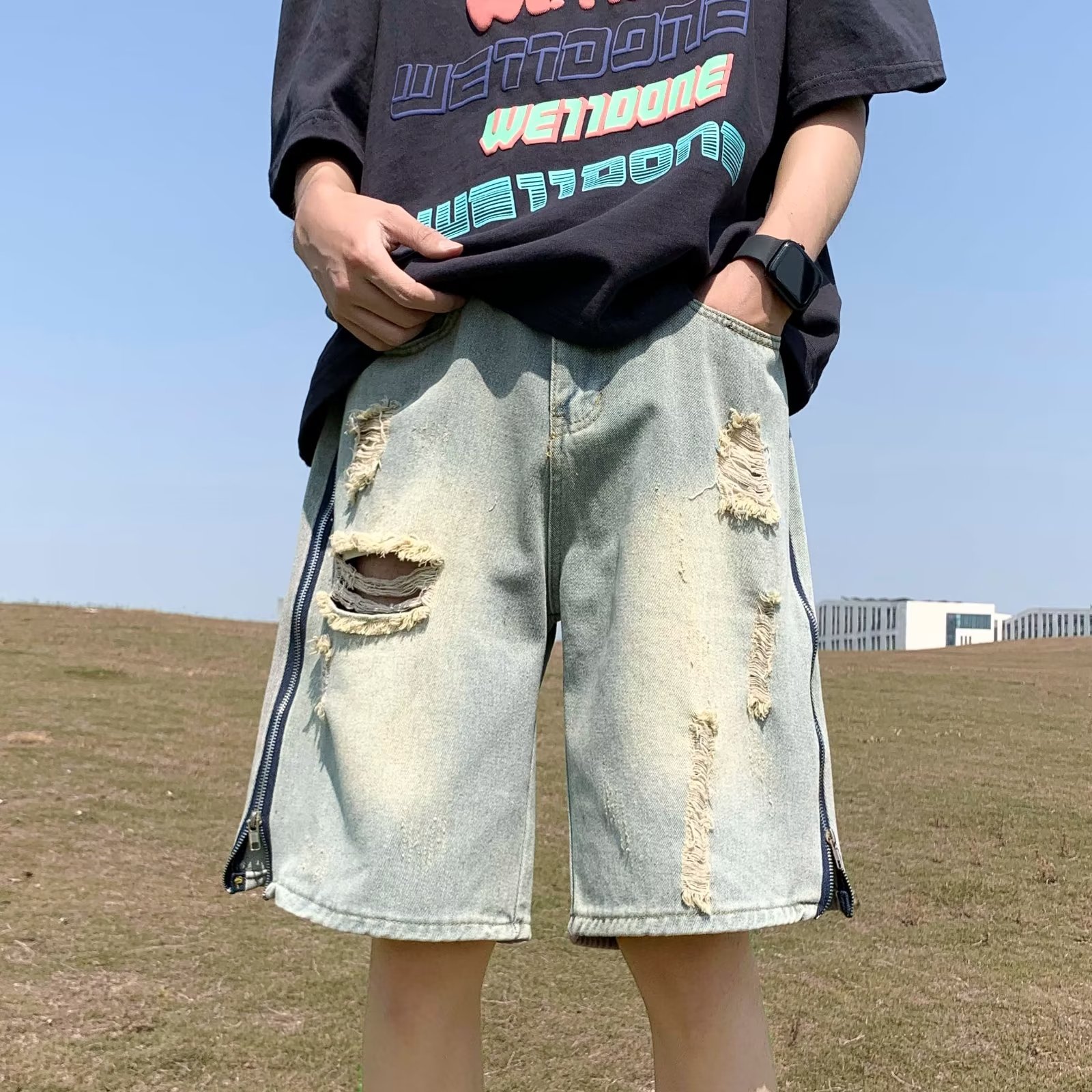 黄泥染破洞牛仔短裤男款侧拉链夏季美式高街复古休闲直筒五分裤子