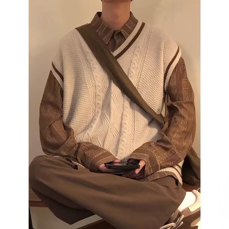 学院风v领针织马甲男春秋