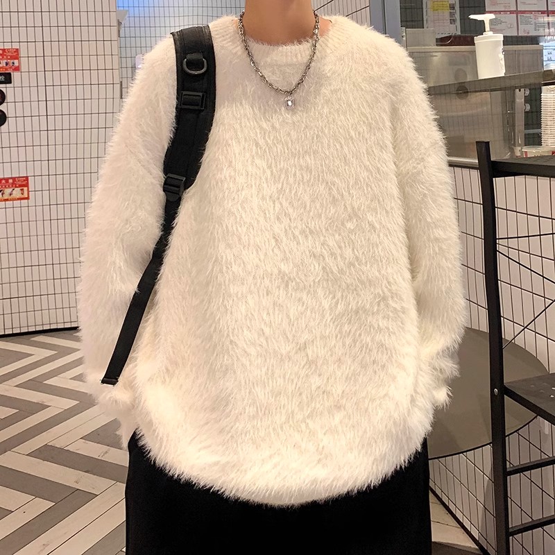 韩系貂毛保暖毛衣男女冬季加厚圆领针织衫打底衫oversize毛线外套