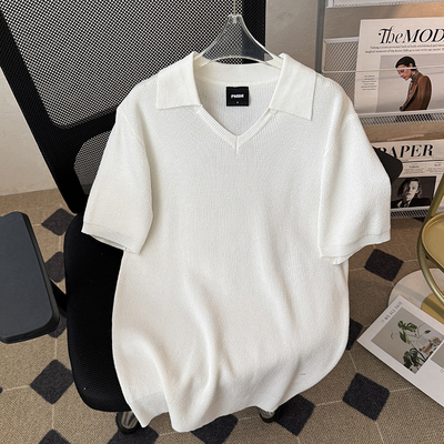 老钱风舒适V领翻领针织短袖T恤男款夏季商务休闲polo衫上衣高级感