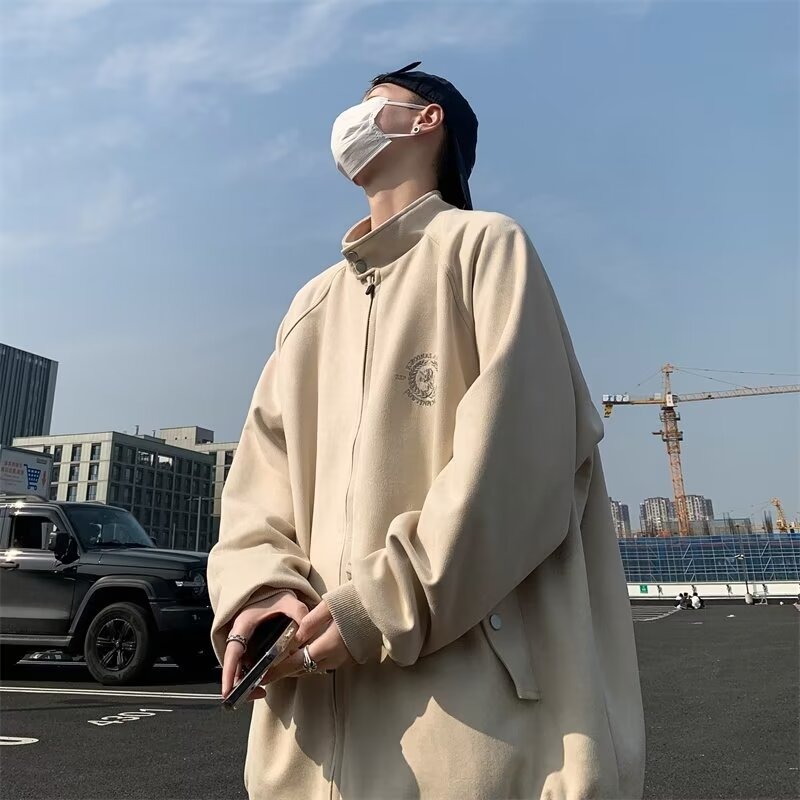重磅麂皮开衫拉链夹克男生秋冬新款少年感立领高级感运动上衣外套