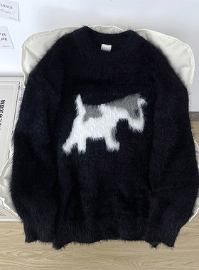 仿貂毛长袖黑色毛衣男女趣味潦草小狗提花针织衫宽松保暖软糯上衣