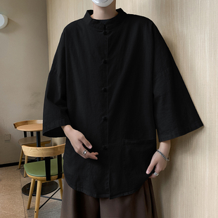 薄款 亞麻七半分袖 新中式 夏季 襯衫 男士 短袖 唐裝 純棉襯衣中山裝 外套