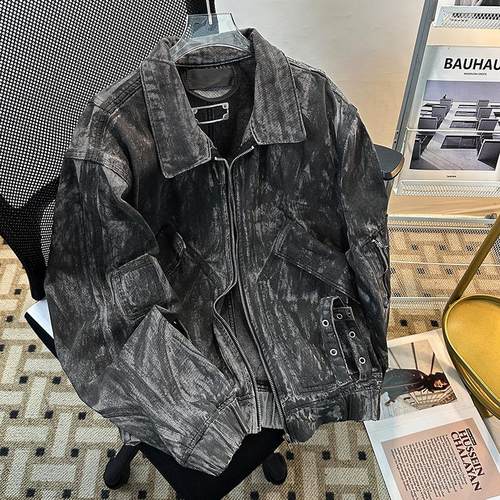 做旧水洗牛仔夹克外套男装重磅vintage废土风拉链大口袋工装褂子