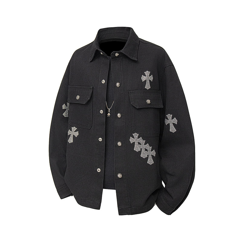 美式十字架烫钻牛仔外套男女宽松嘻哈hiphop复古水洗夹克上衣工装