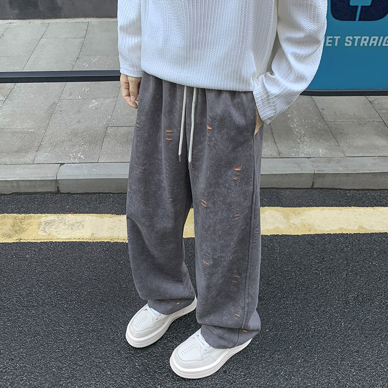 美式破洞撞色休闲裤男生潮牌cleanfit设计感扎染高街运动直筒长裤