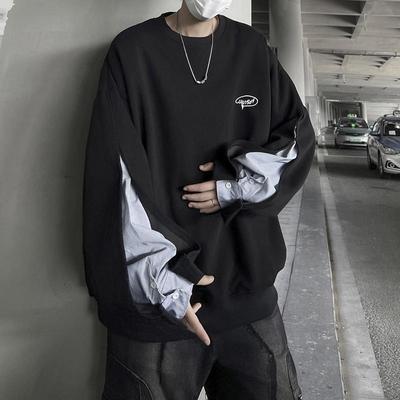 重磅硬挺假两件cleanfit卫衣美式潮男外套高级感拼接衬衫上衣圆领