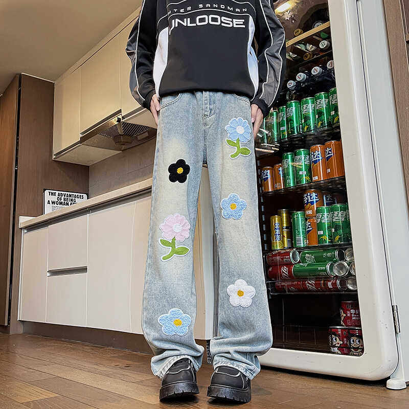 复古扎染毛巾绣微喇牛仔裤男设计感小众宽松直筒美式vibe长裤阔腿