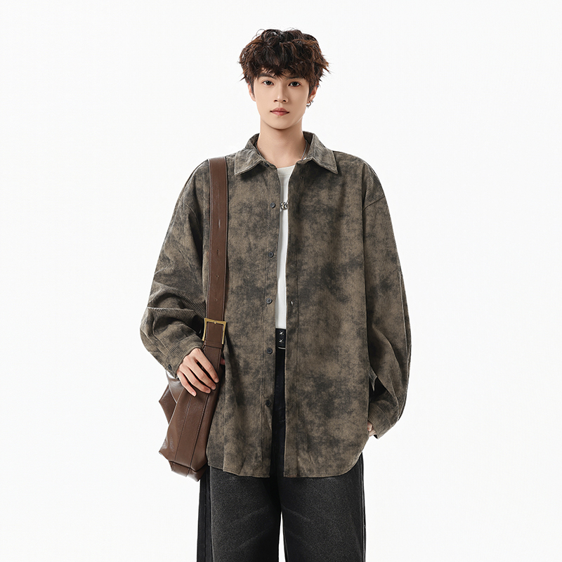 灯芯绒长袖衬衫男生春秋季ins潮牌做旧休闲扎染外套美式翻领衬衣
