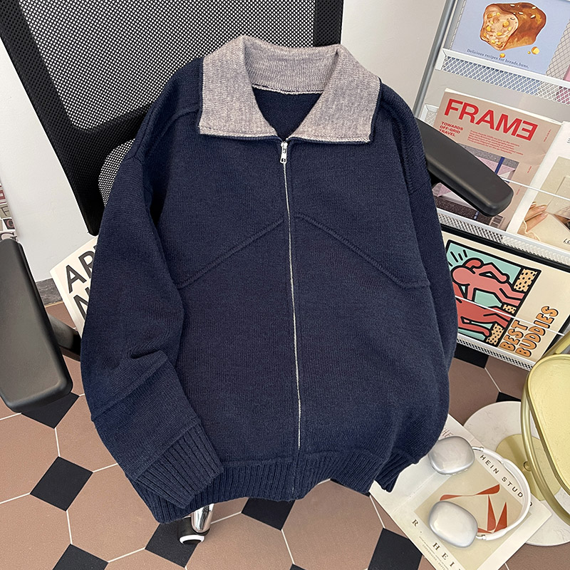 巴恩风撞色翻领毛衣外套男女重磅高级感简约休闲保暖针织开衫上衣