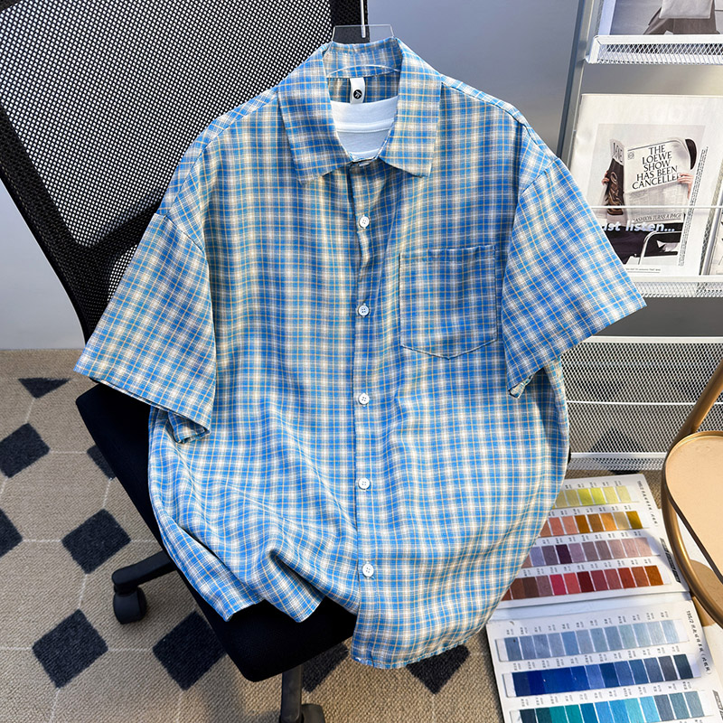 格子短袖衬衫男女夏季宽松休闲格纹衬衣情侣装半袖翻领外套ins潮