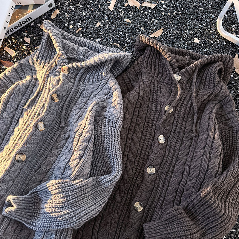 蓝色连帽麻花毛衣男生2025秋冬季加厚保暖帽衫针织衫开衫纽扣外套