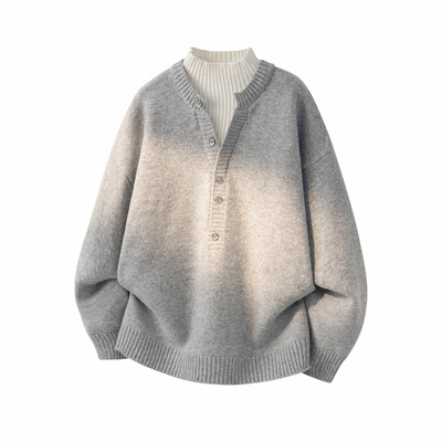 韩系轻奢V领假两件纽扣针织衫男款灰色高领长袖毛衣保暖套头简约