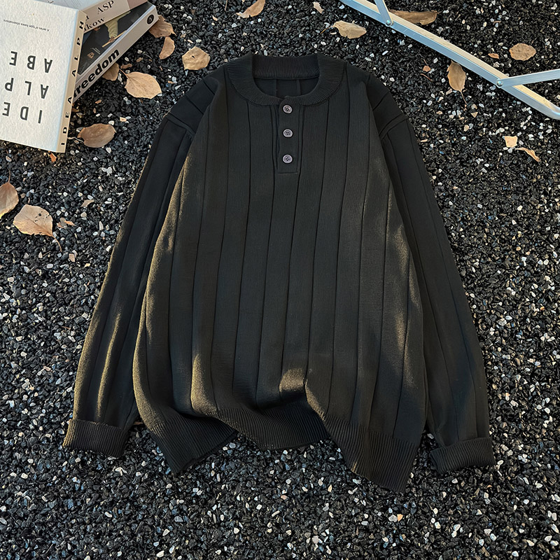 灰色亨利领毛衣男生新款冬季ins潮牌长袖坑条针织衫宽松内搭线衣