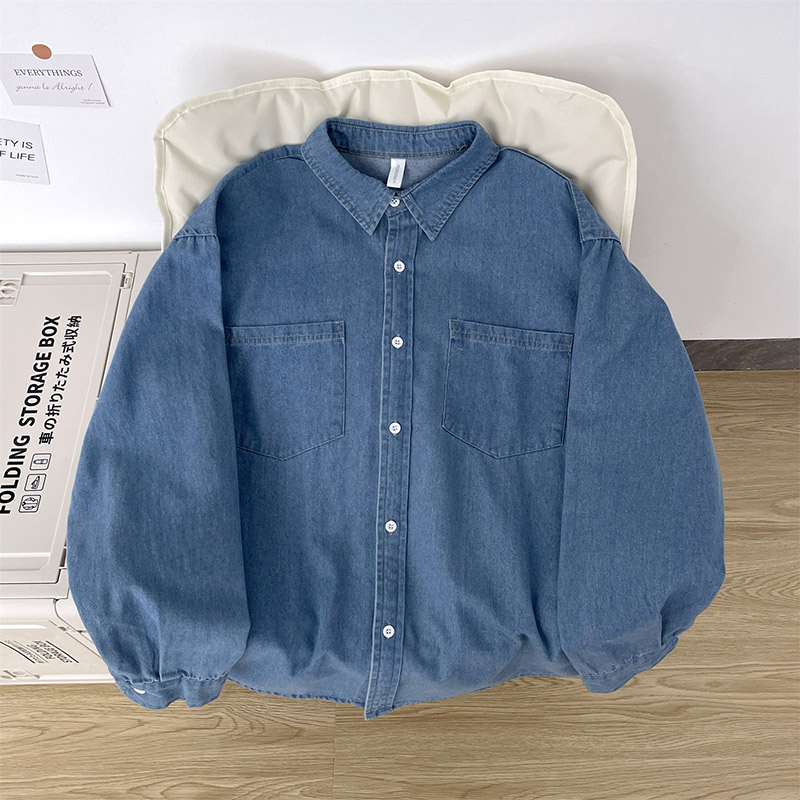 春秋季廓形双口袋水洗长袖牛仔衬衫男款韩系宽松休闲纯色衬衣外套
