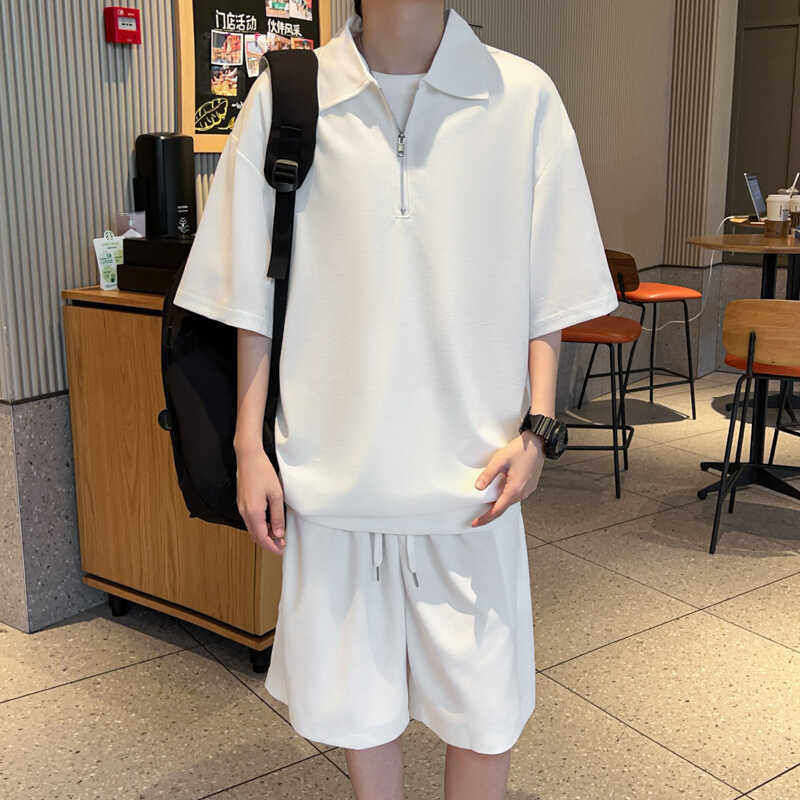 时尚半拉链polo衫t恤运动套装男生夏天休闲短袖短裤夏季搭配一套