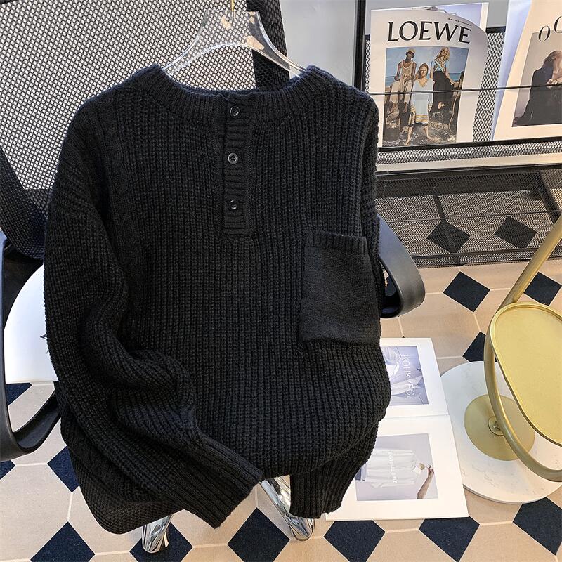 半高领纽扣长袖针织毛衣